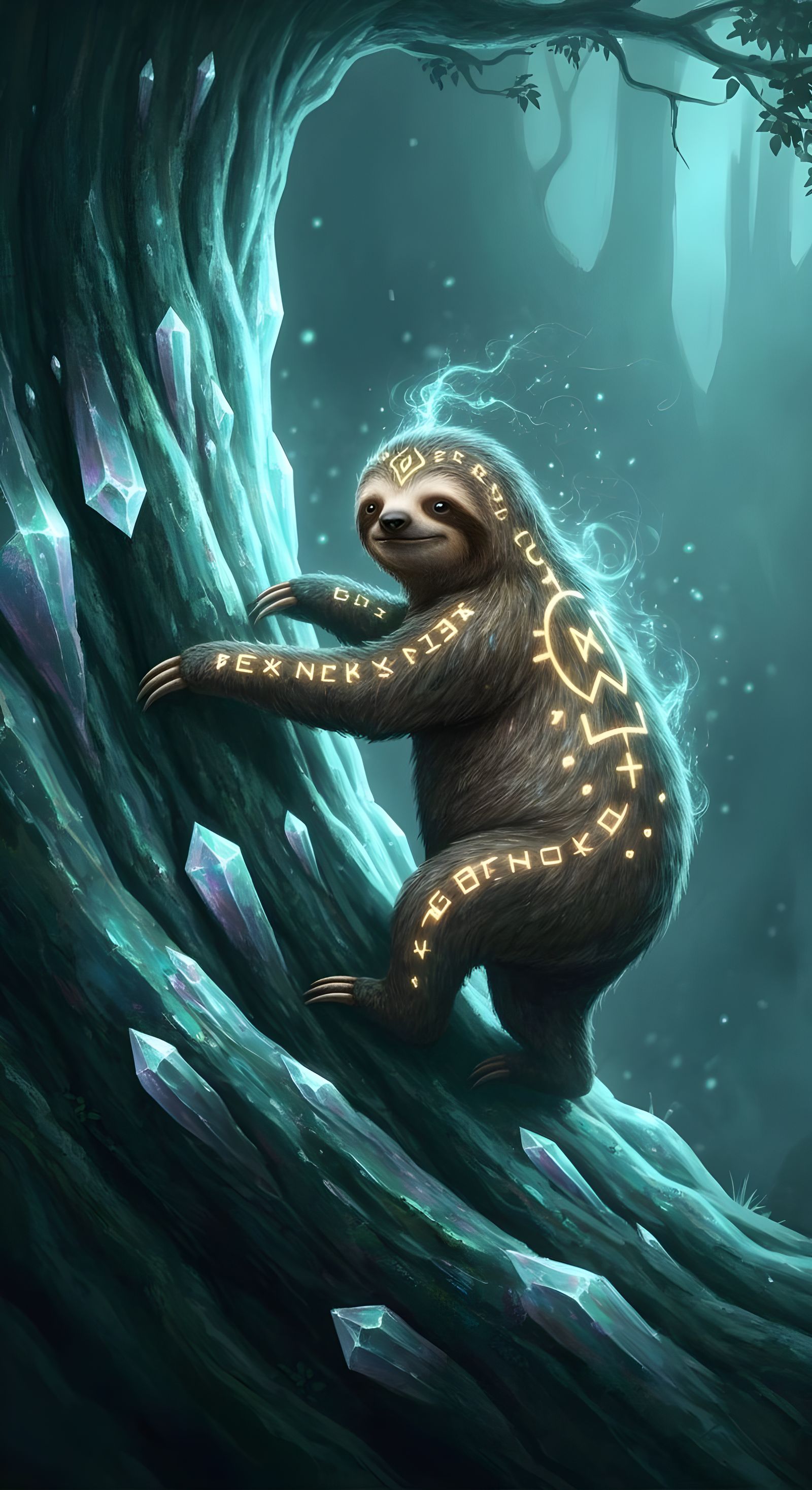 Sloth Ascends Crystalline Tree in Dark Fantasy Realm