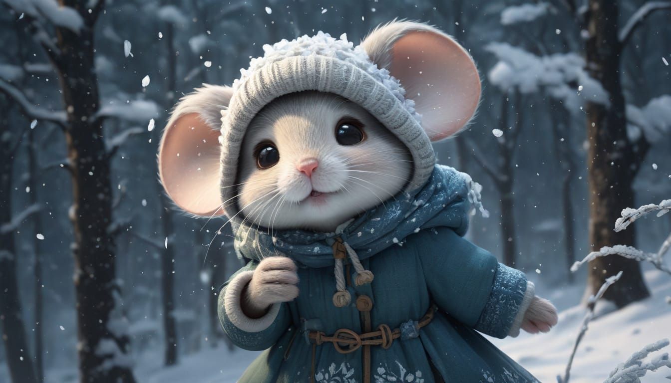 Charming Winter Girl Mouse Faces Snowstorm in a Snowy Forest