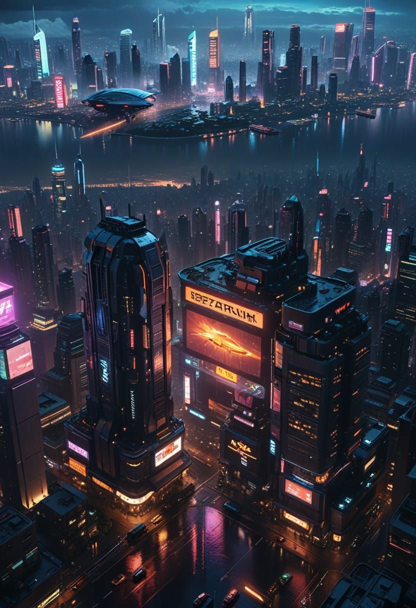 Cyberpunk Cityscape with Neon Glow and Flying Vehicles
