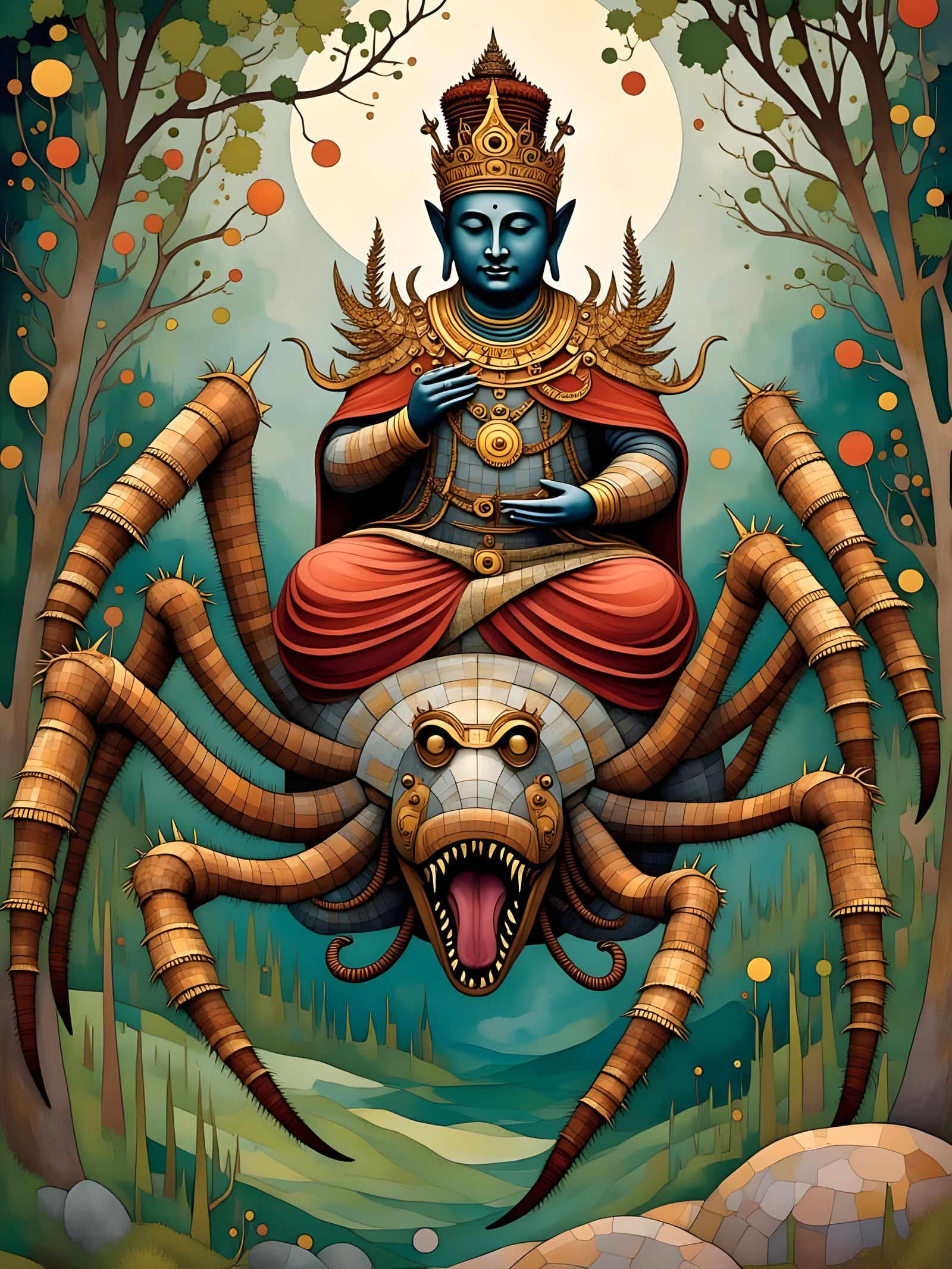 Steampunk Buddha Rides Mechanical Spider in Vibrant Jungle L...