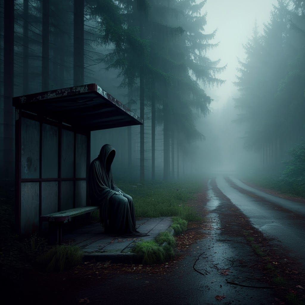 Abandoned Forest Bus Stop in a Dark, Eerie Gloom