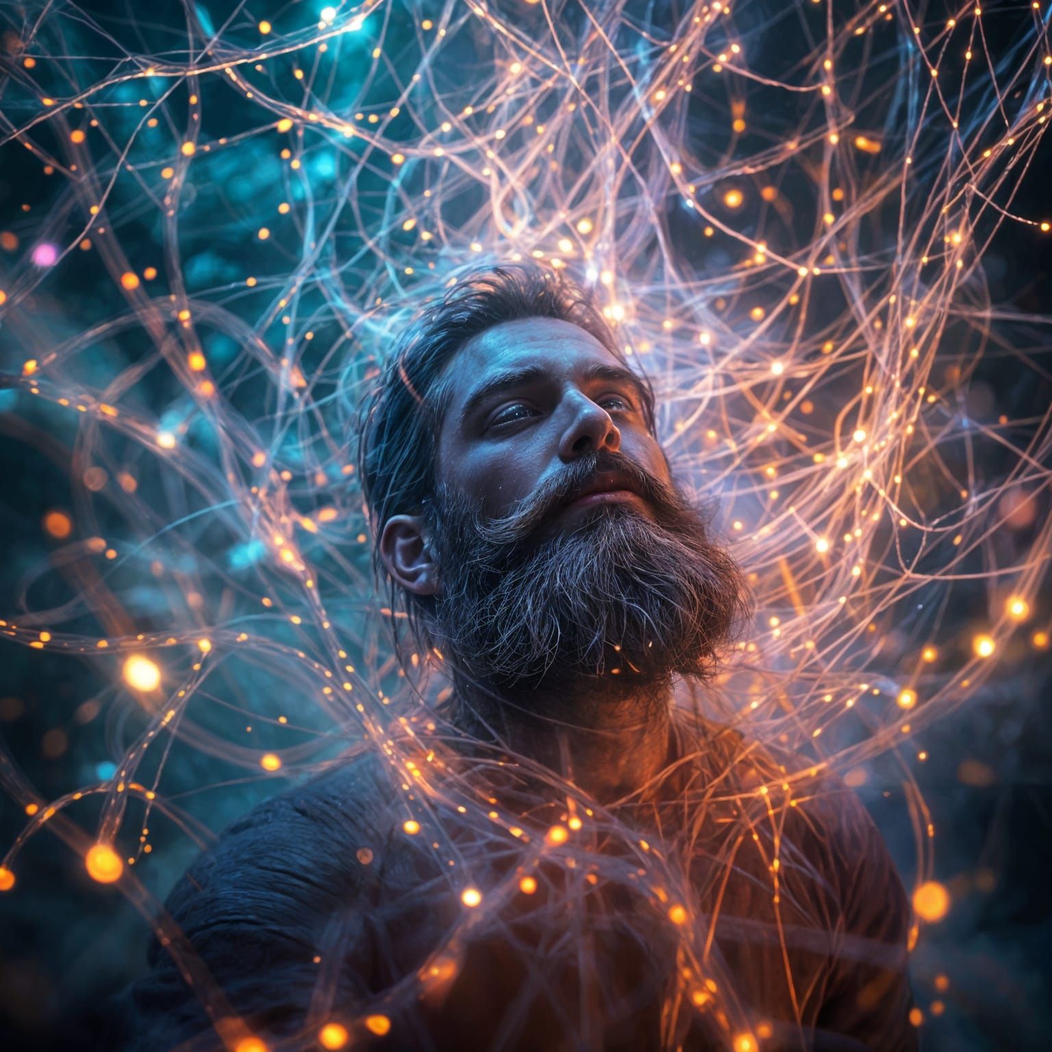 Ethereal Man amidst Radiant Cosmic Web