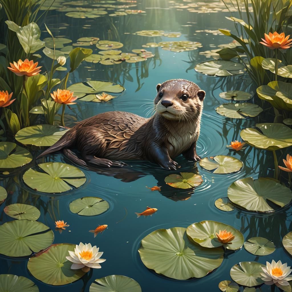 Serene Pond Scene with Cute Baby Otter in Fantasy Art Style