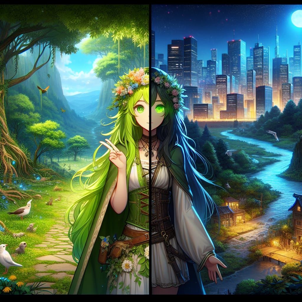 Fantasy Druid Girl Bridges Urban and Wild Realms