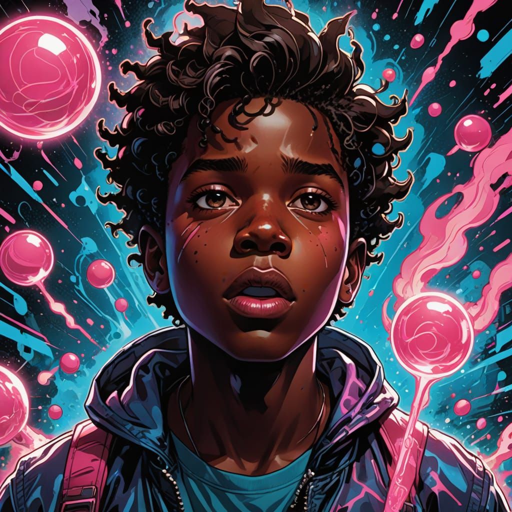 Vibrant Young Boy Blows Glowing Pink and Blue Bubblegum in D...