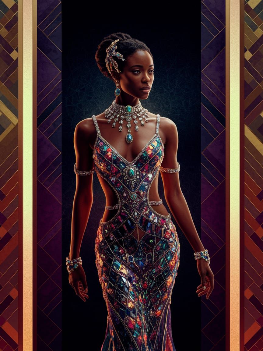 Elegant Black Woman in Futuristic, Gemstone-Encrusted Attire