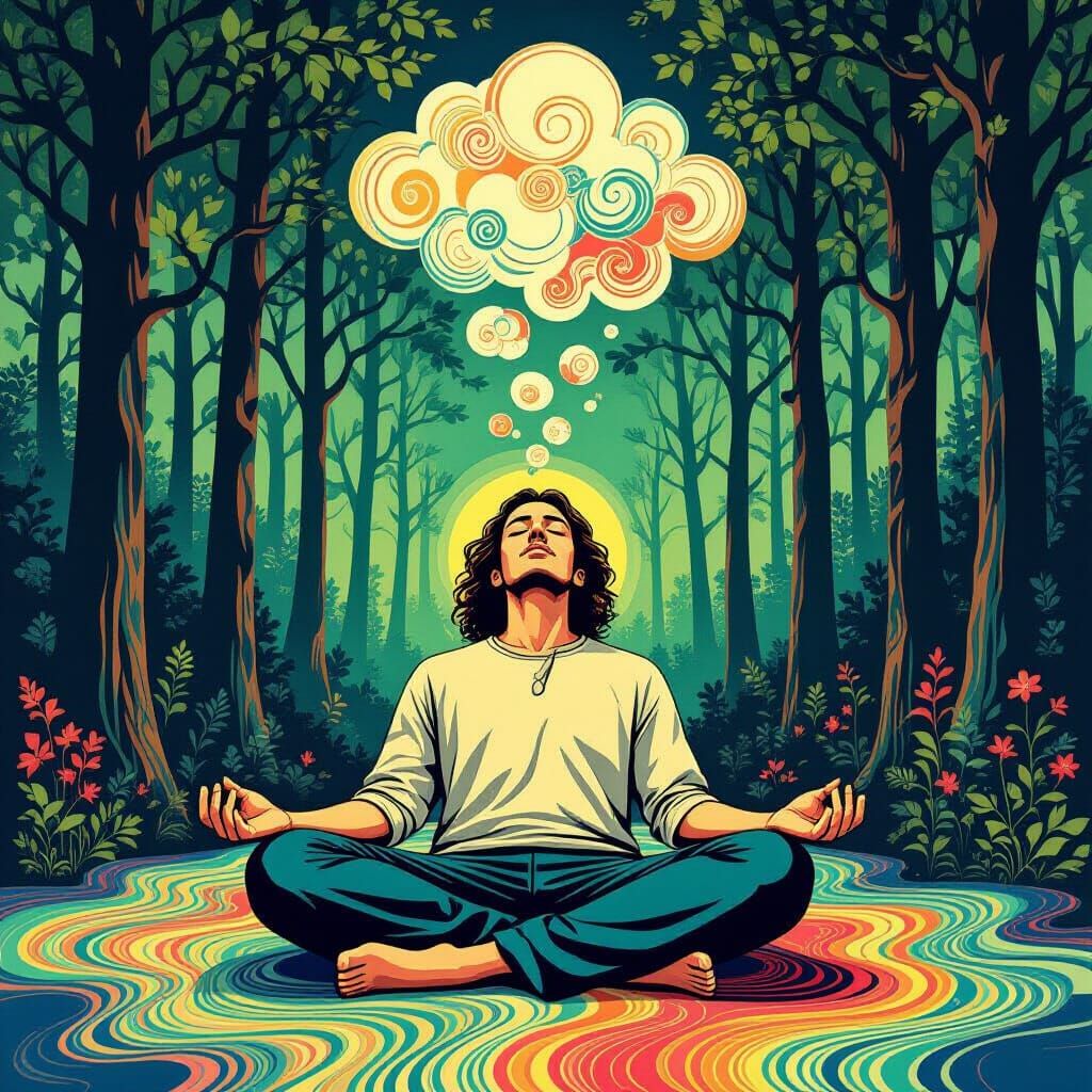 Meditating Figure in Forest with Fractal Cloud Bubbles