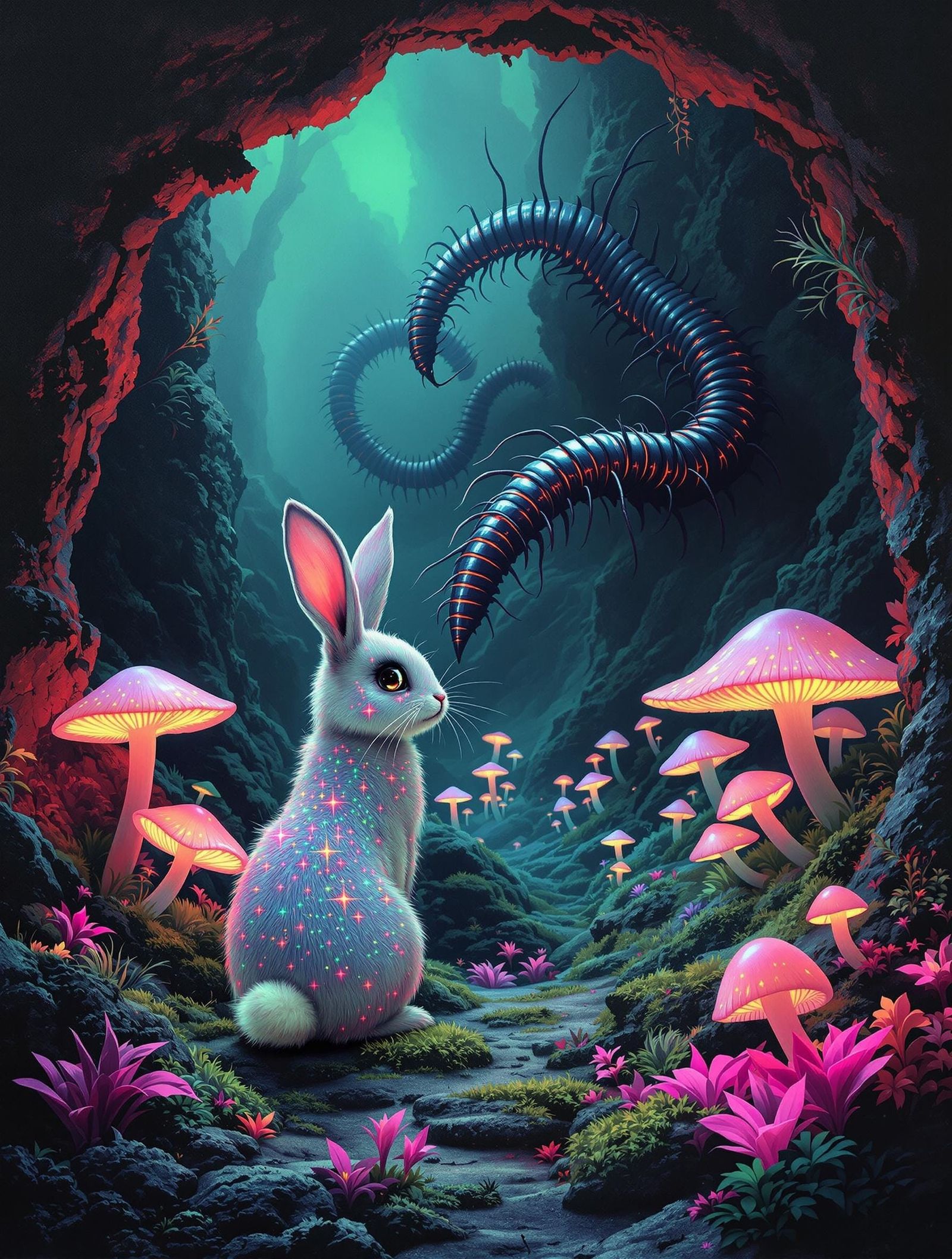 Whimsical Rabbit-Folk Encounter in a Bioluminescent Hollow