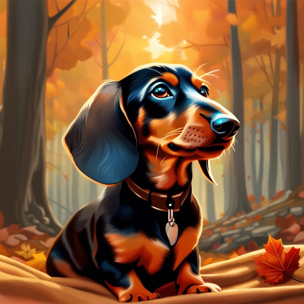 Surreal Dachshund Puppy in Fall Forest Scene