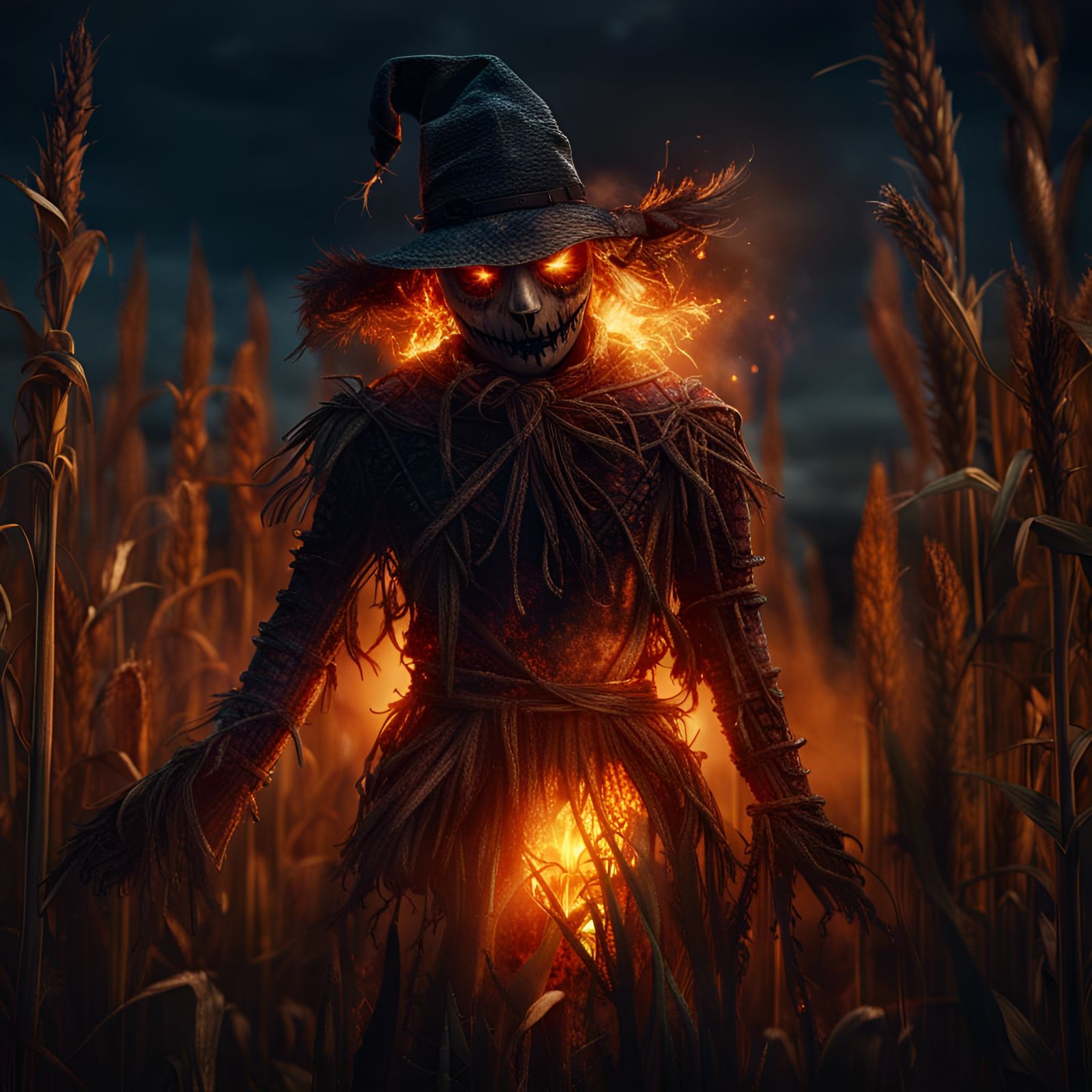 Scarecrow Engulfed in Fiery Cornfield at Night in Vibrant De...