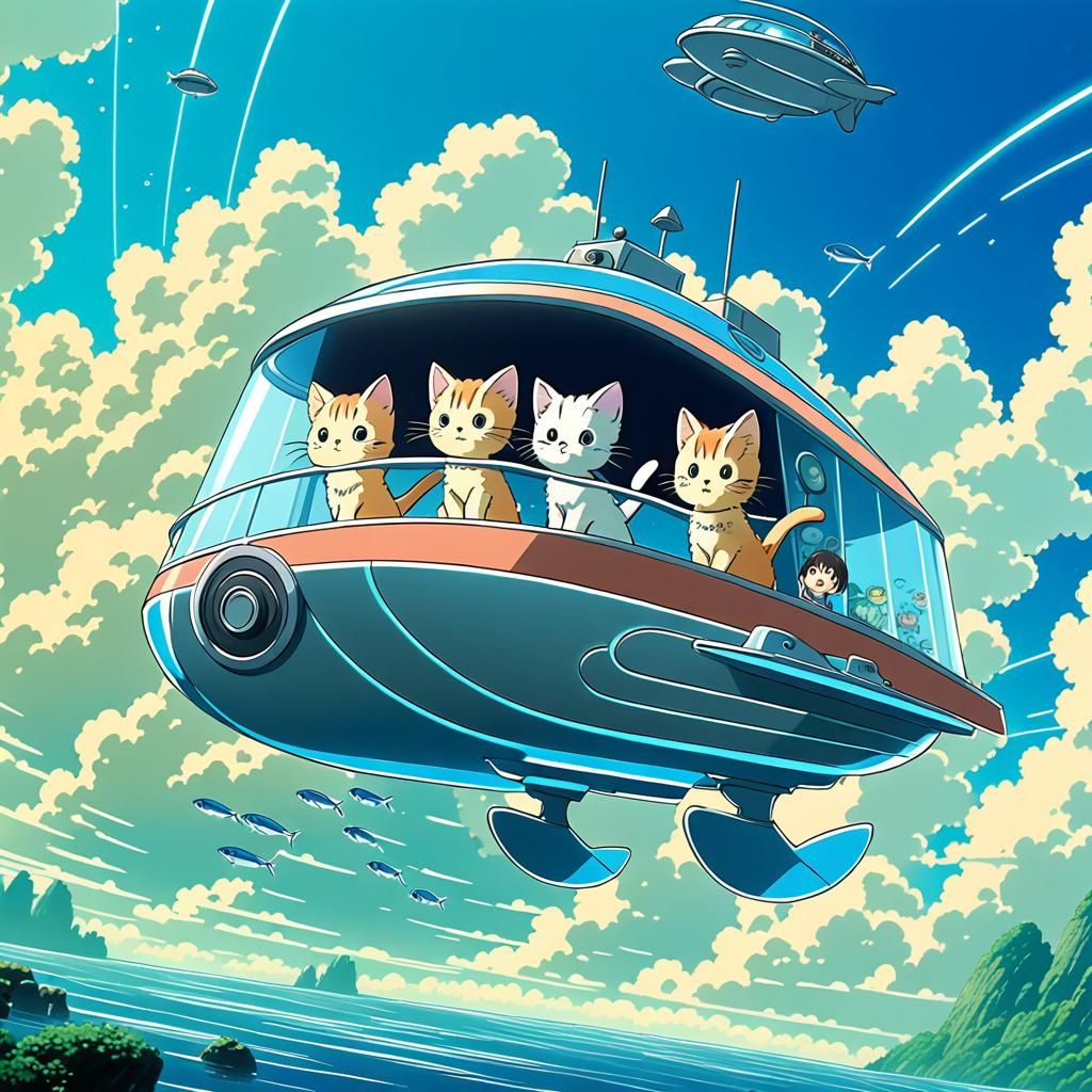 Cute anime kittens having fun driving a futuristic hydrofoil...