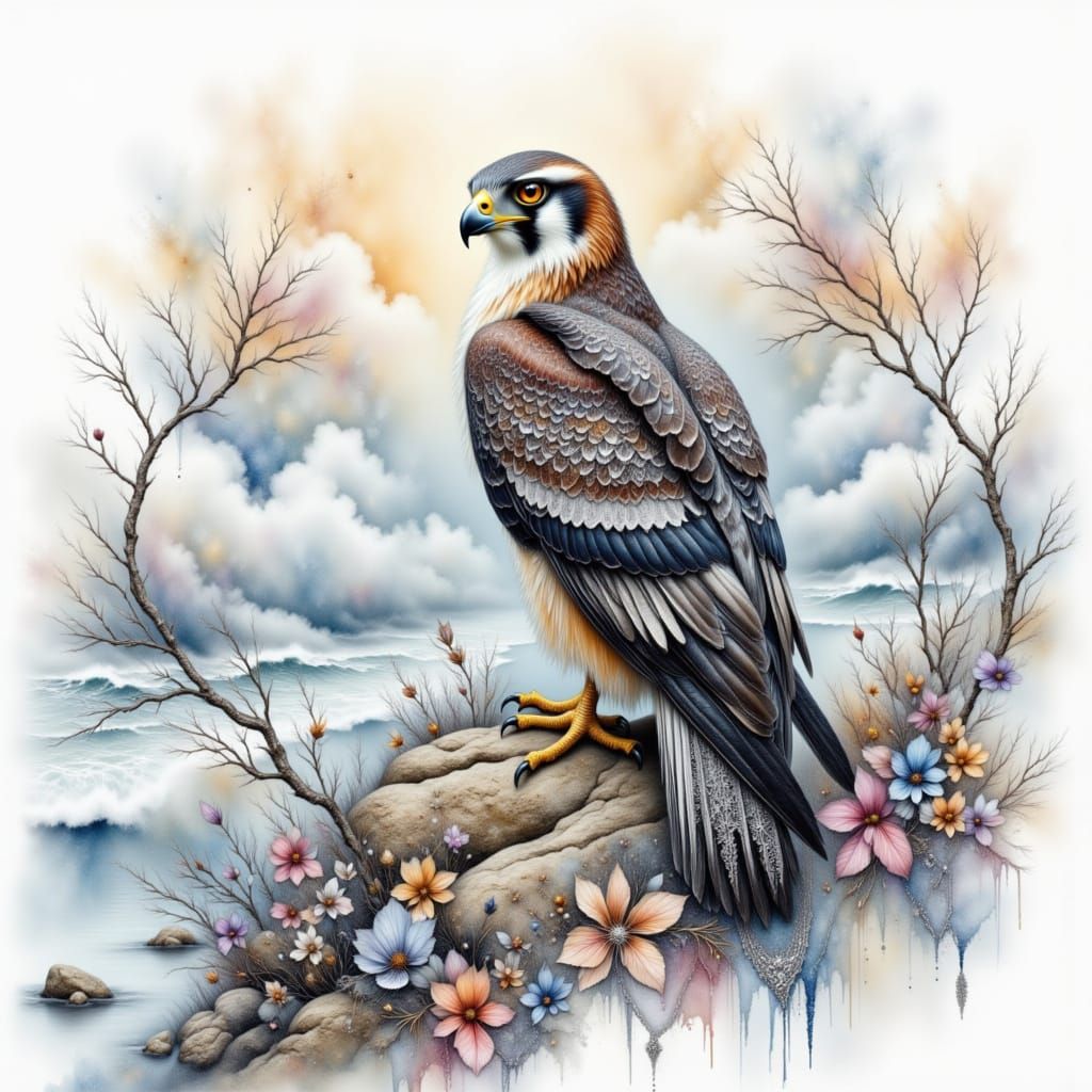Watercolor Falcon Perched on Cliff Above Ocean