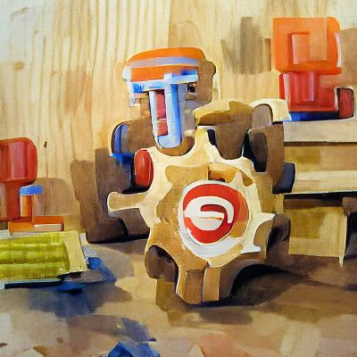 Retro Cyberpunk Robot Constructed from Wooden Toy Blocks and...