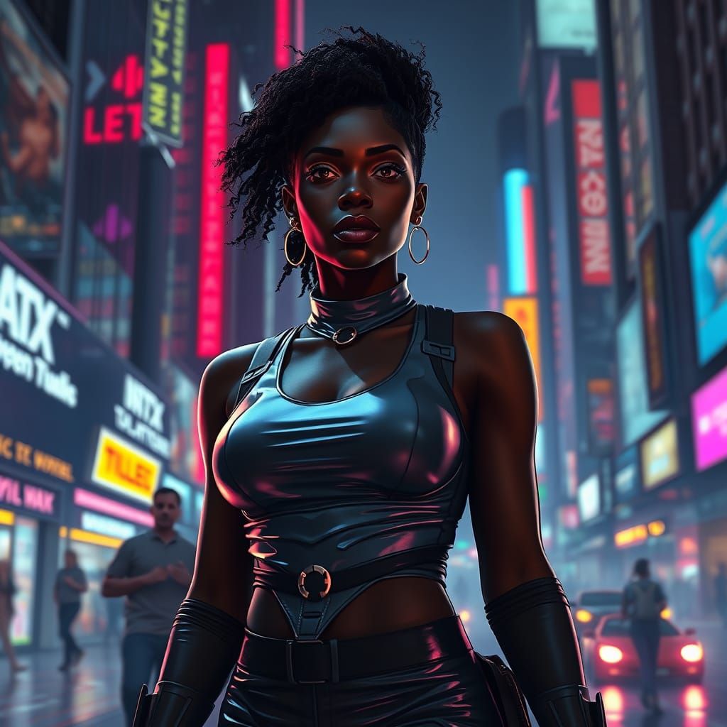 African American Woman in Cyberpunk Cityscape at Night