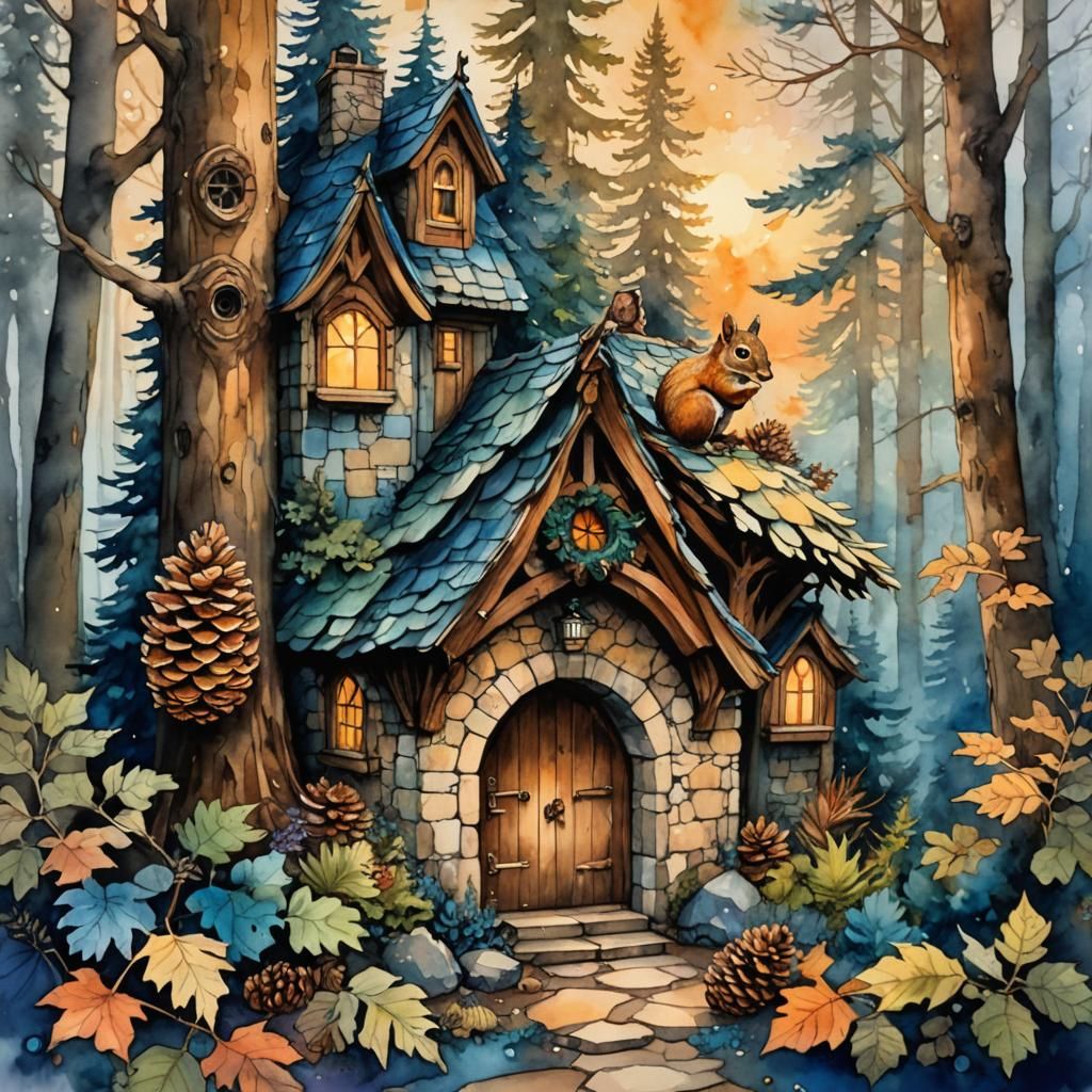 Autumn Fantasy with Whimsical Pinecone Dwelling in Mystical...