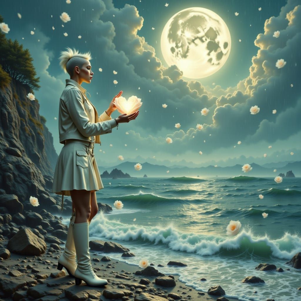 Punk Woman with Shining Heart by Moonlit Sea