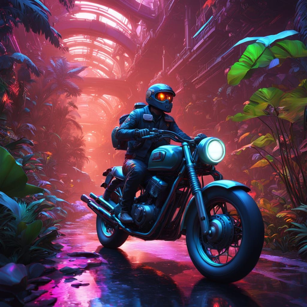 Dieselpunk Motorcycle Blazes Through Neon Jungle