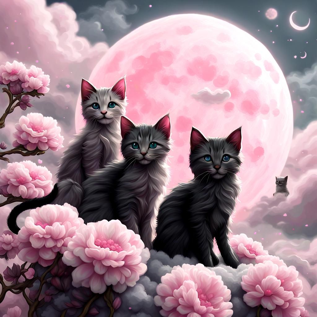 Fantasy Whimsy: Pink Moonlit Scene with Kittens