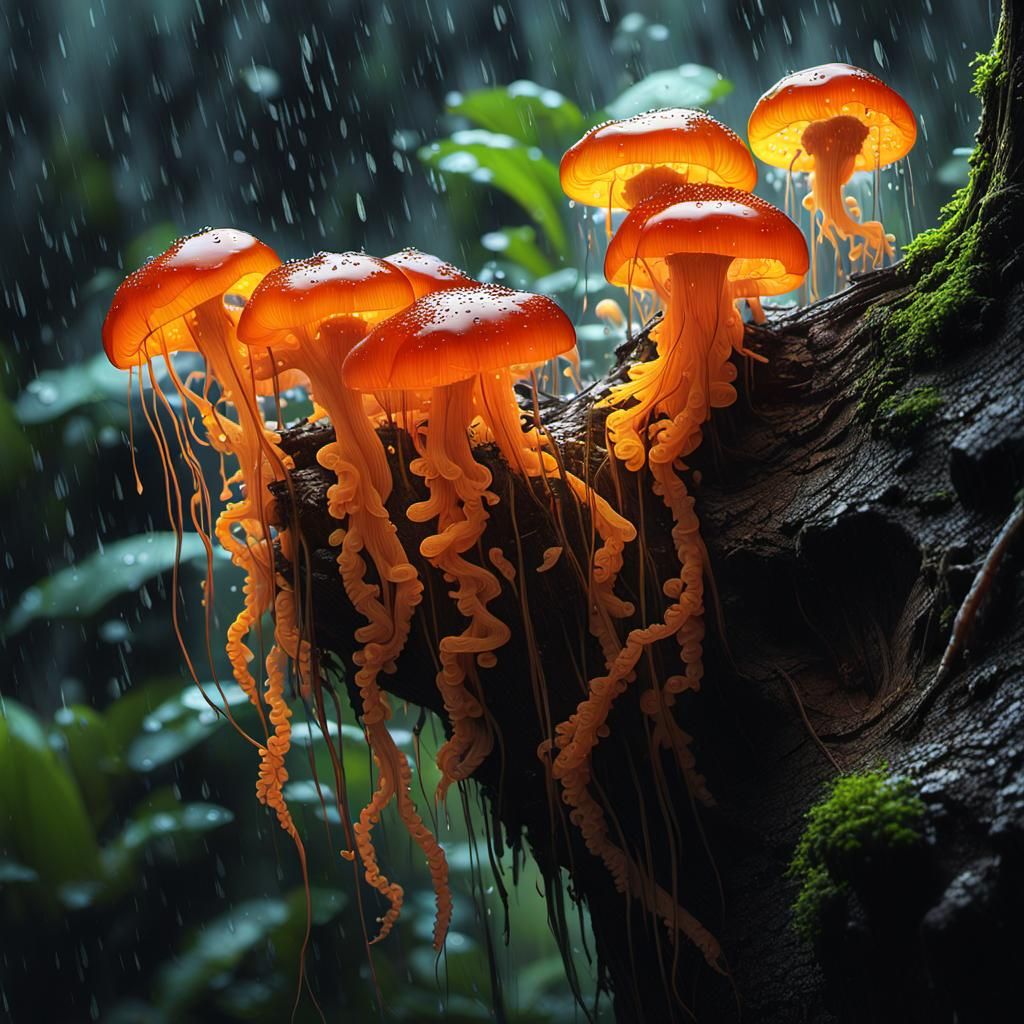 Hyperrealistic Fungi Bloom in Rainforest