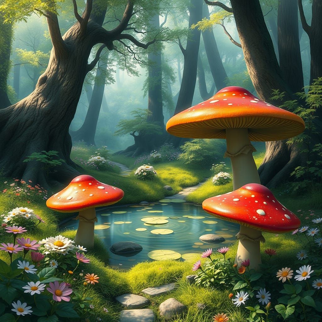 Enchanted Mushrooms in a Magical Forest Scene