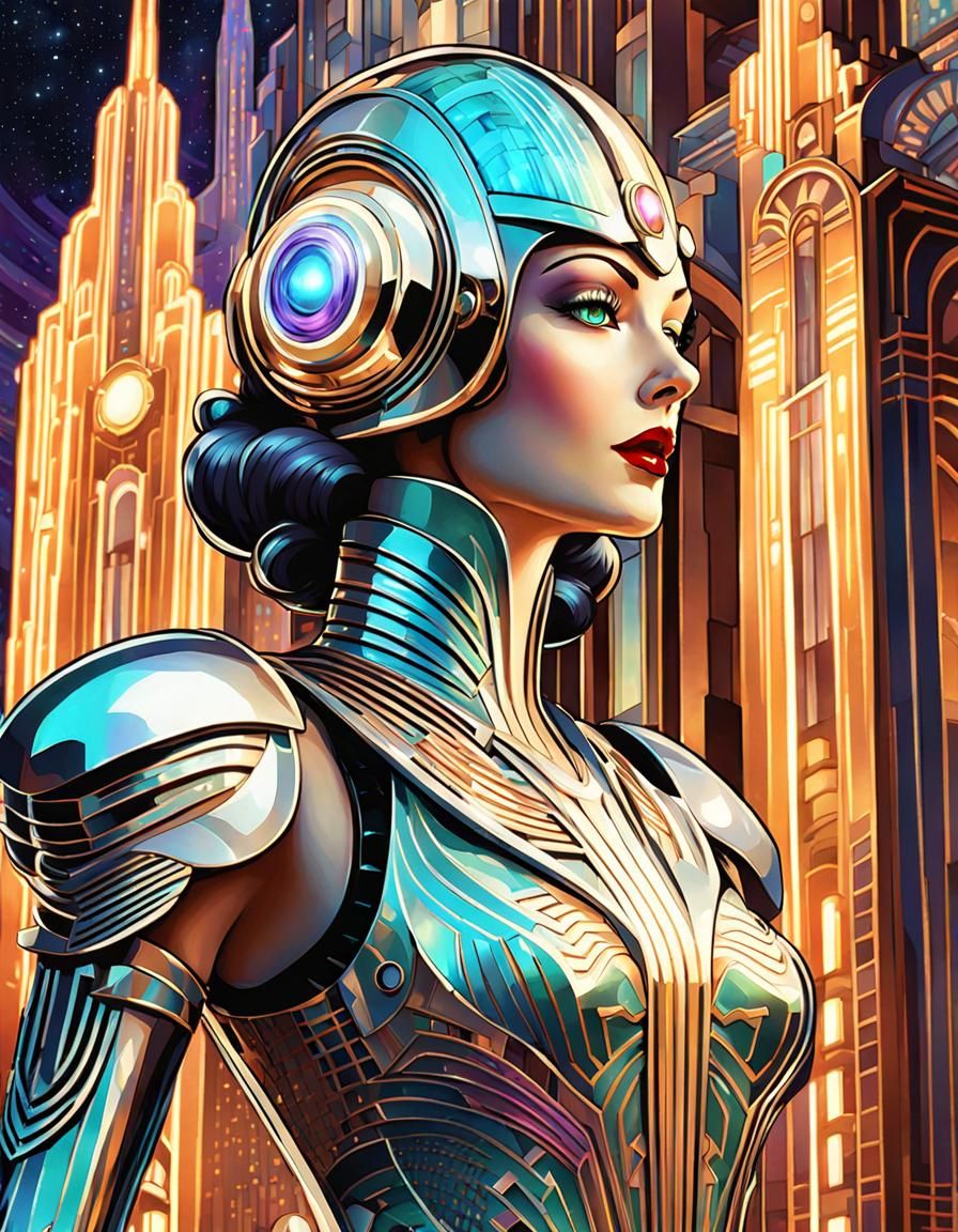 1930s Cyborg Goddess Enters an Art Deco Utopia
