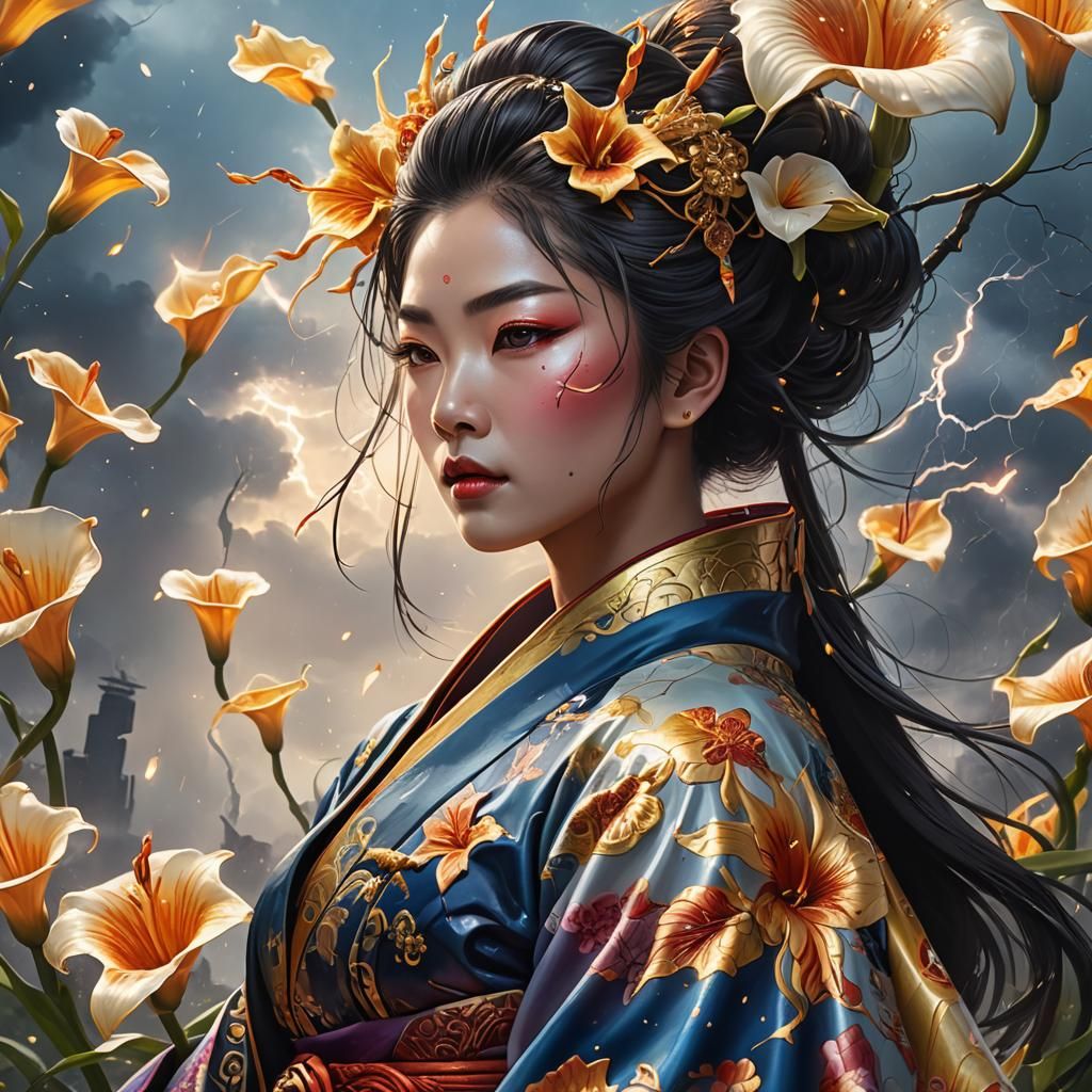 Surreal Geisha Warrior Shines in Vibrant Hyperrealistic Styl...