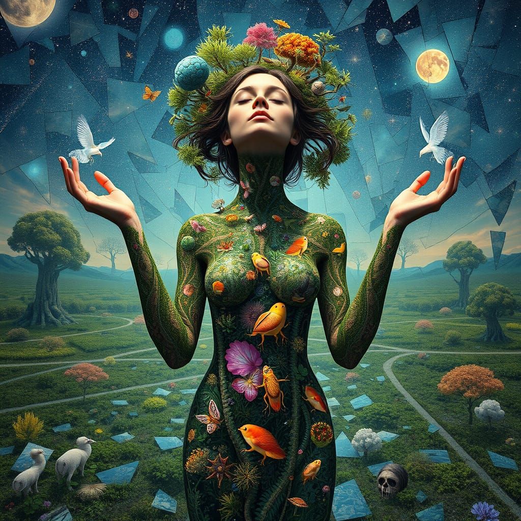Dreamlike Ecosystem Goddess in Bio-Art Collage