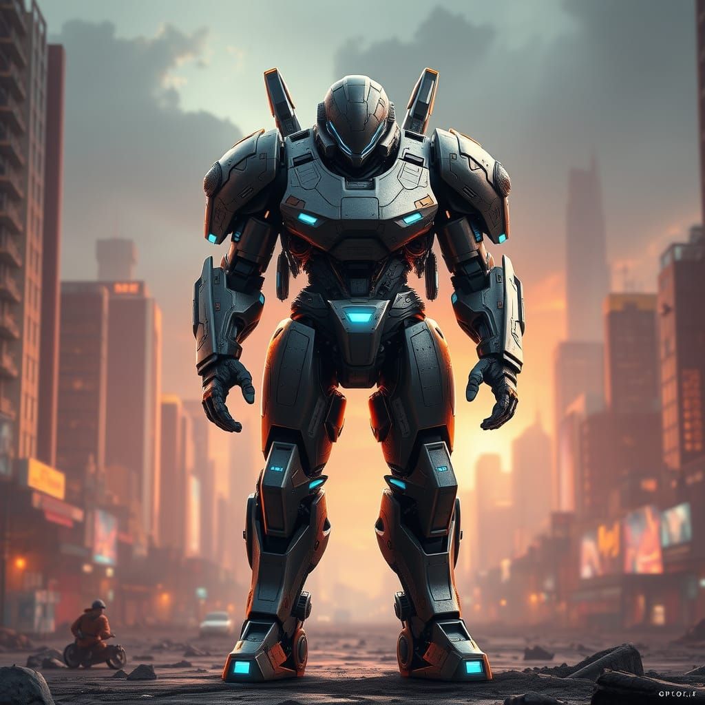 Futuristic Mech Suit in Dystopian Cityscape