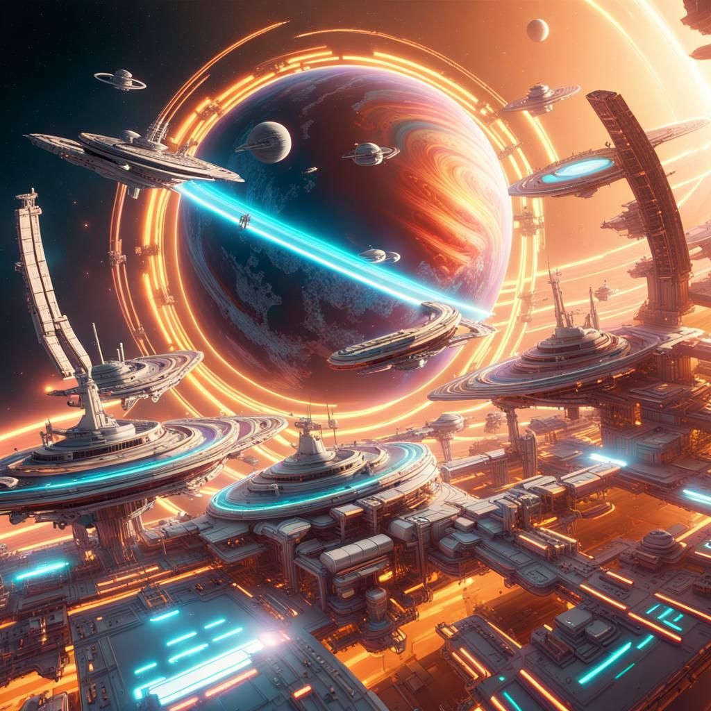 Vibrant Sci-Fi Space Station with Holographic Starships