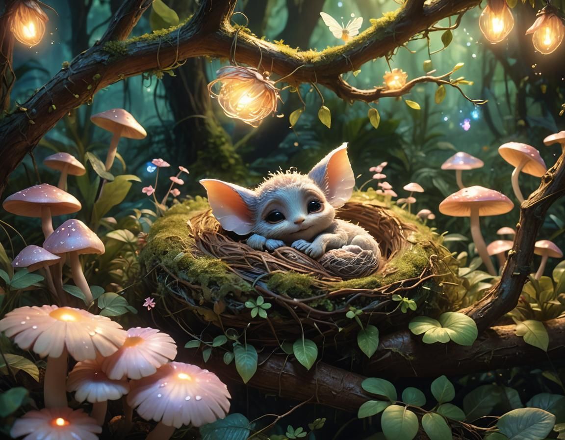 Furry Fairy Creature Sleeping in Jungle Nest