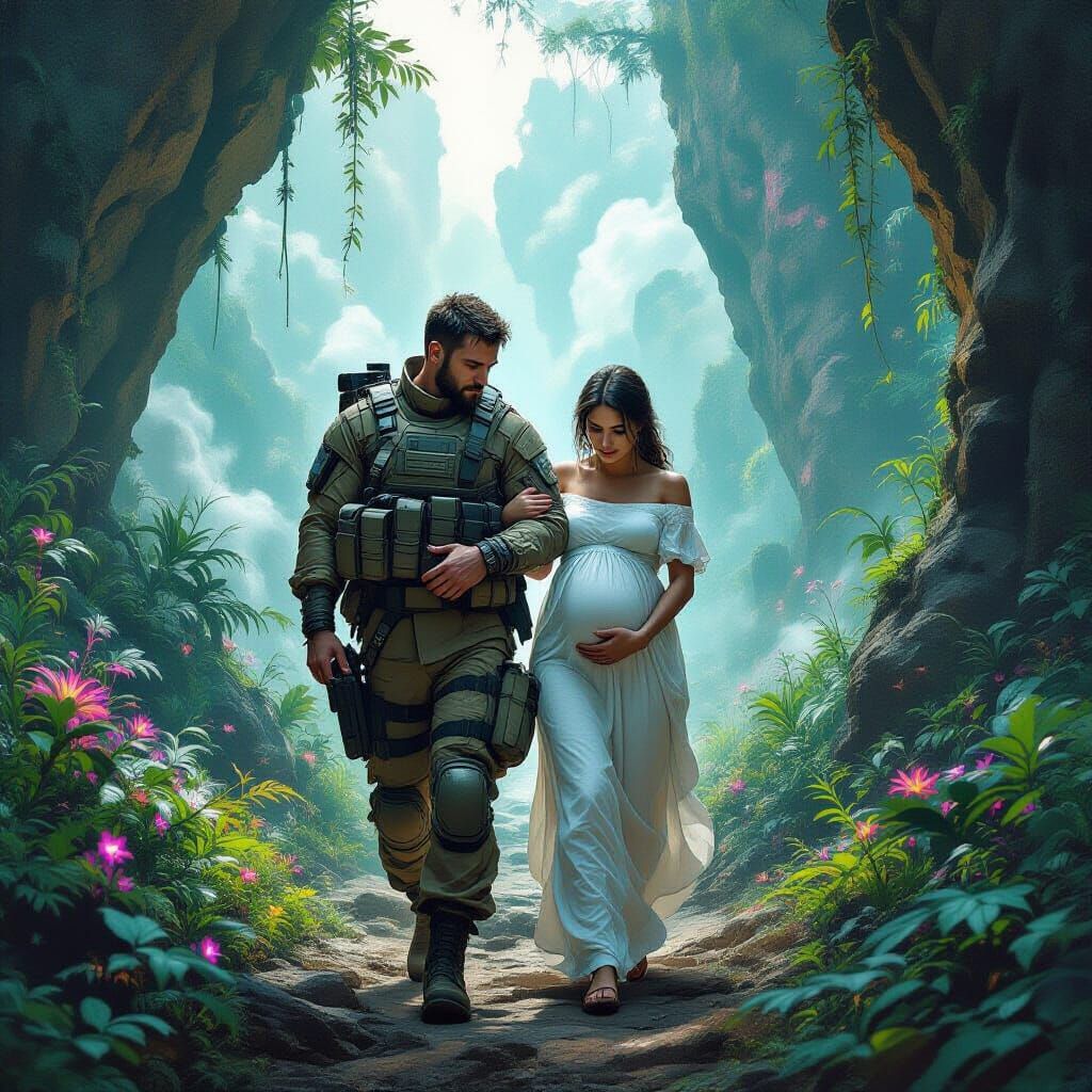 Medic Carries Woman Through Bioluminescent Alien Jungle