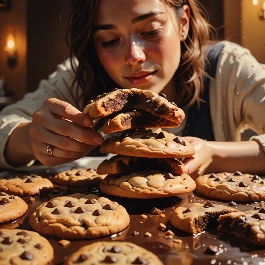Warm Oil Painting of Person Eating Cookies