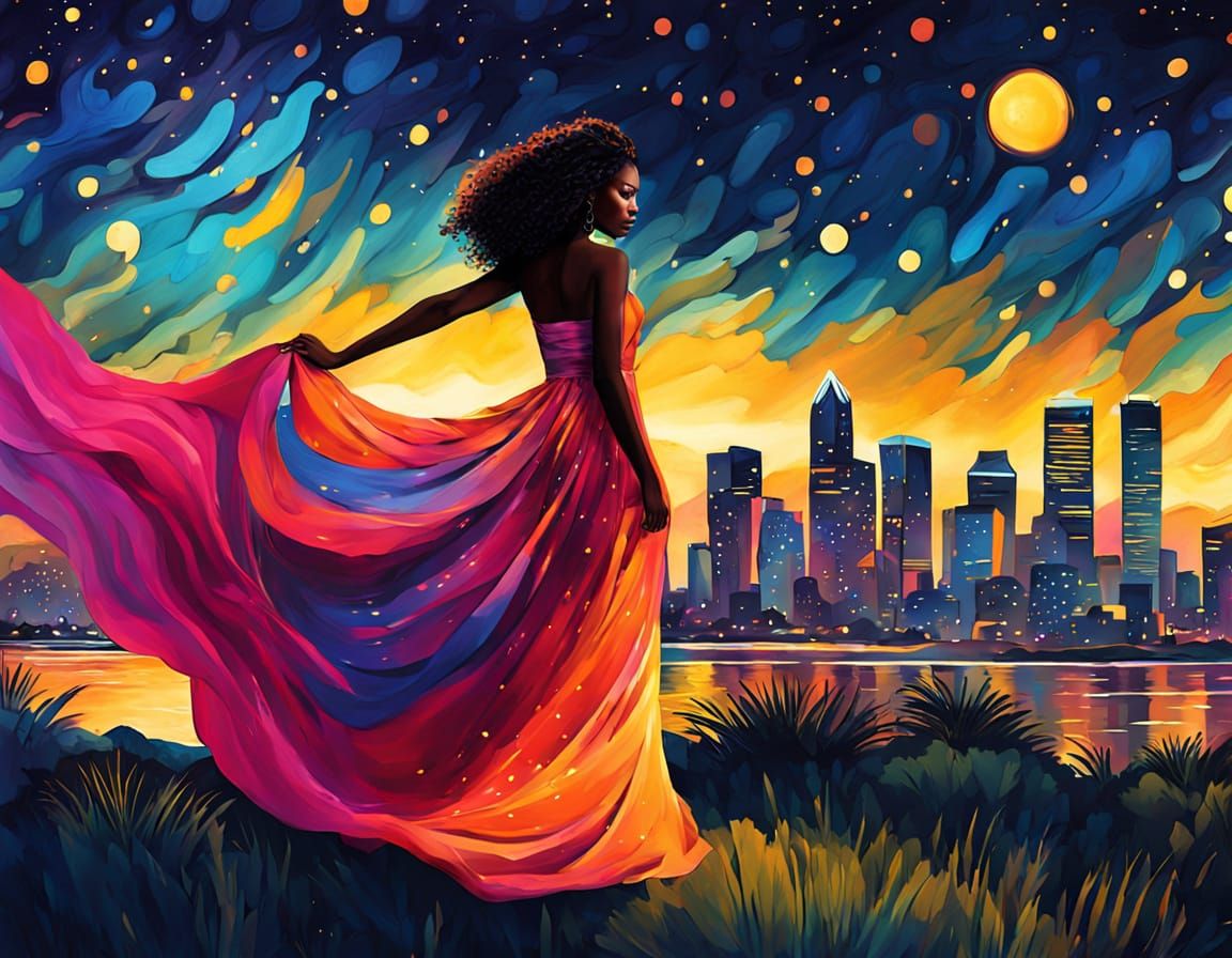Afrocentric Goddess Embracing Sunset Cityscape