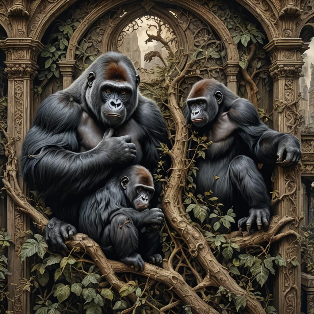 Gothic Gothic Art Painting with Hyperrealistic Sparrows and...