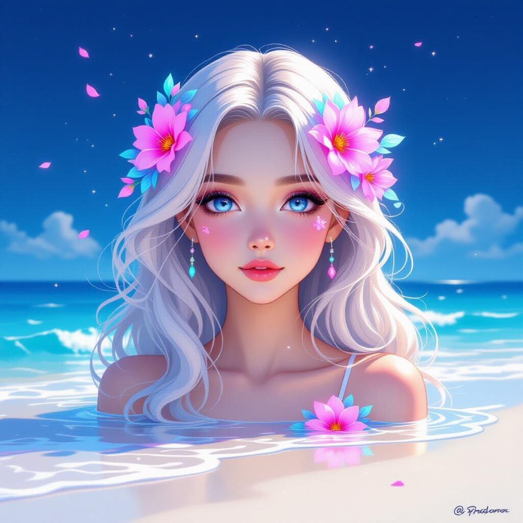 Ethereal Blonde Emerges from Neon Seascape: Digital Art