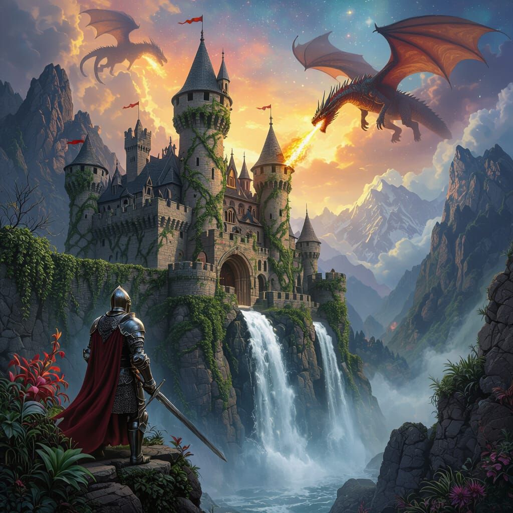 Medieval Knights Defend Castle from Dragons Amidst Stormy Sk...