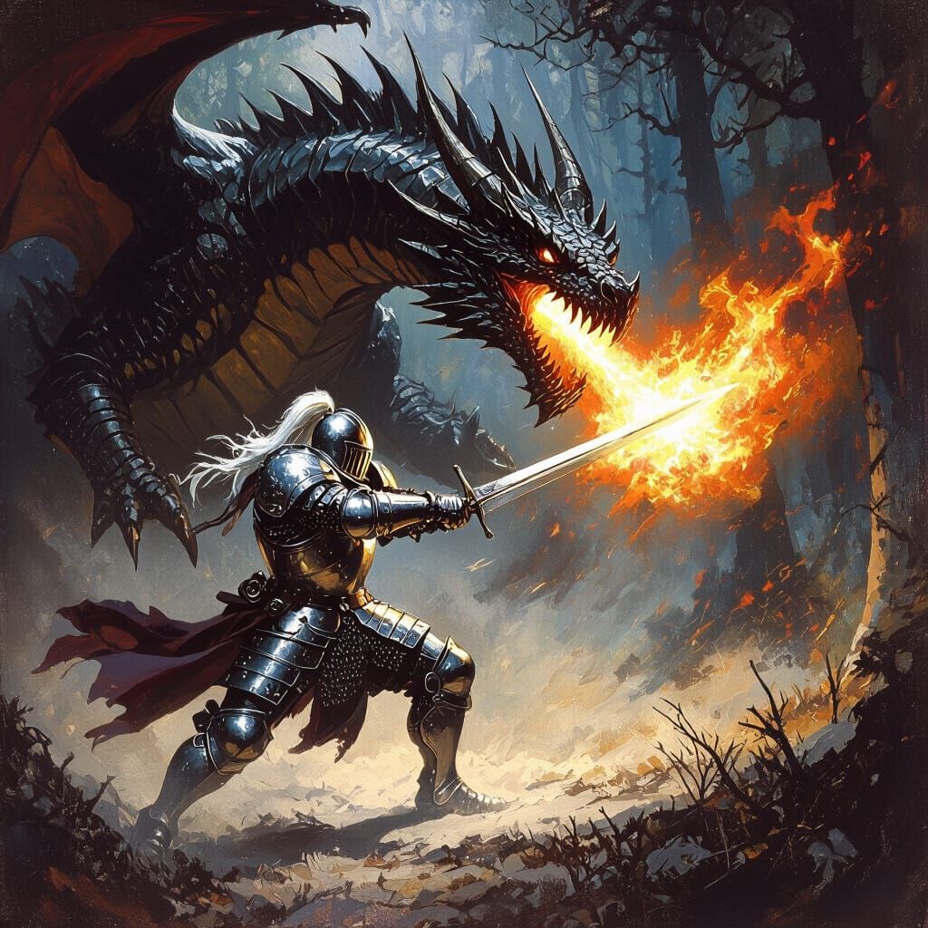 Knight Battles Dragon in Mystical Forest