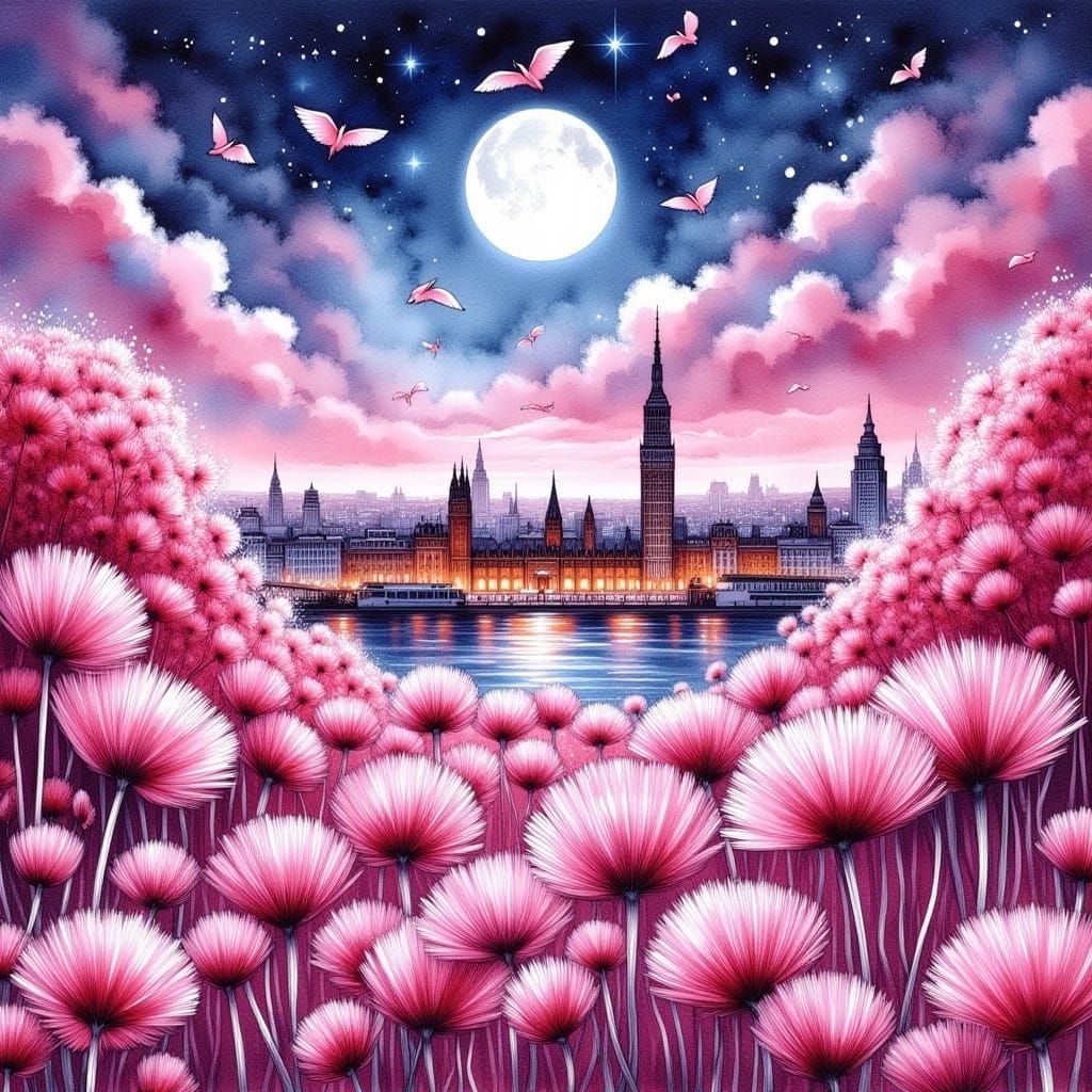 Hopeful Pink Cityscape with Symbolic Resilience