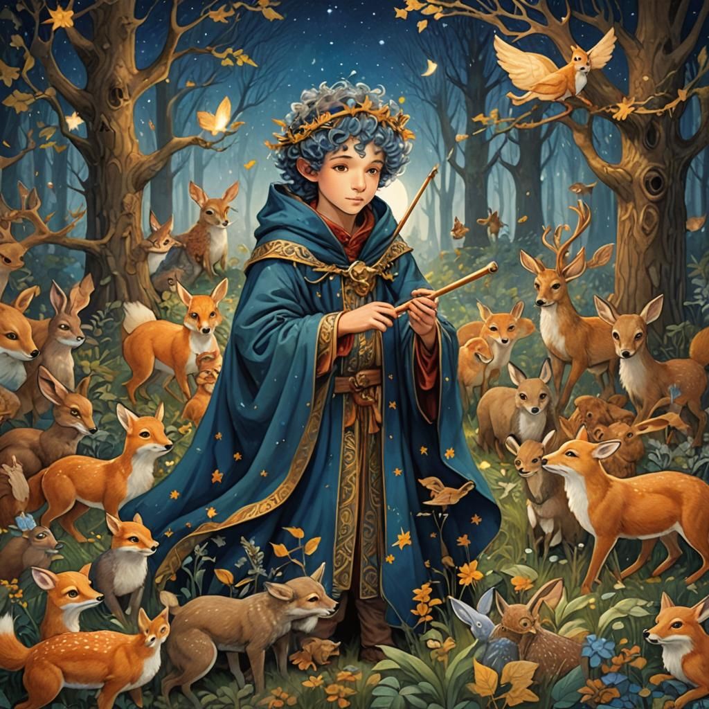 Mystical Forest Boy Plays the Flute Under Starlight