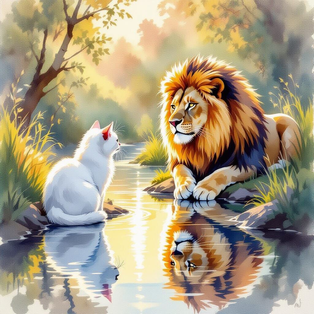 White Cat's Reflection Transforms Into Majestic Lion in Wate...