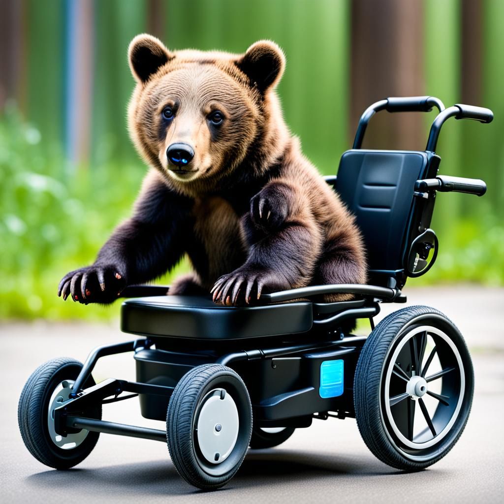 A Bear Cub Cruises in Stylish Electric Wheelchair