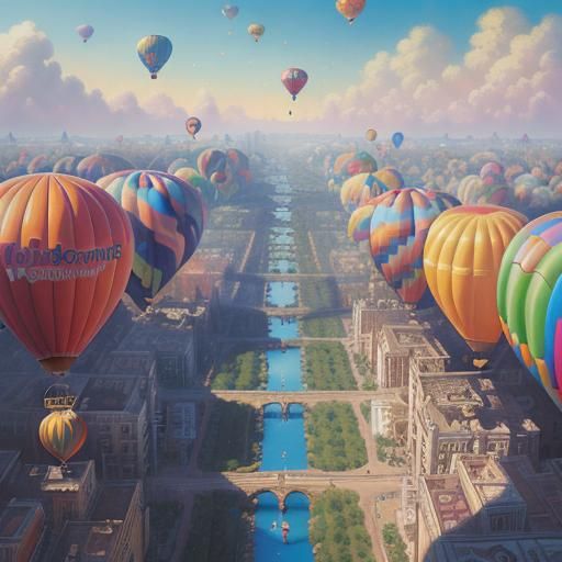 Surreal City Paradise Filled with Balloons in Vibrant Colors