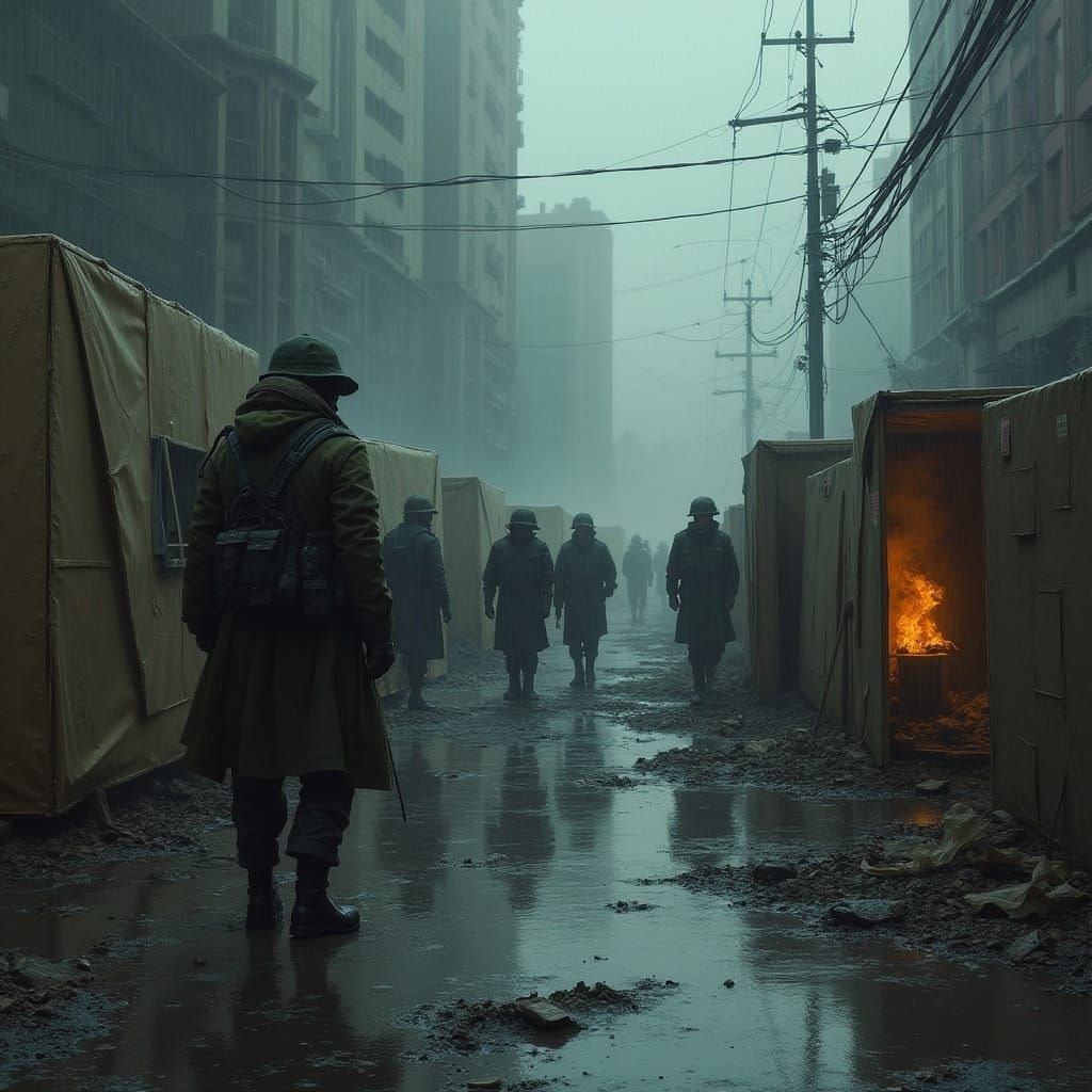 Desolate Cityscape: Forgotten Soldiers in Sombre Realism