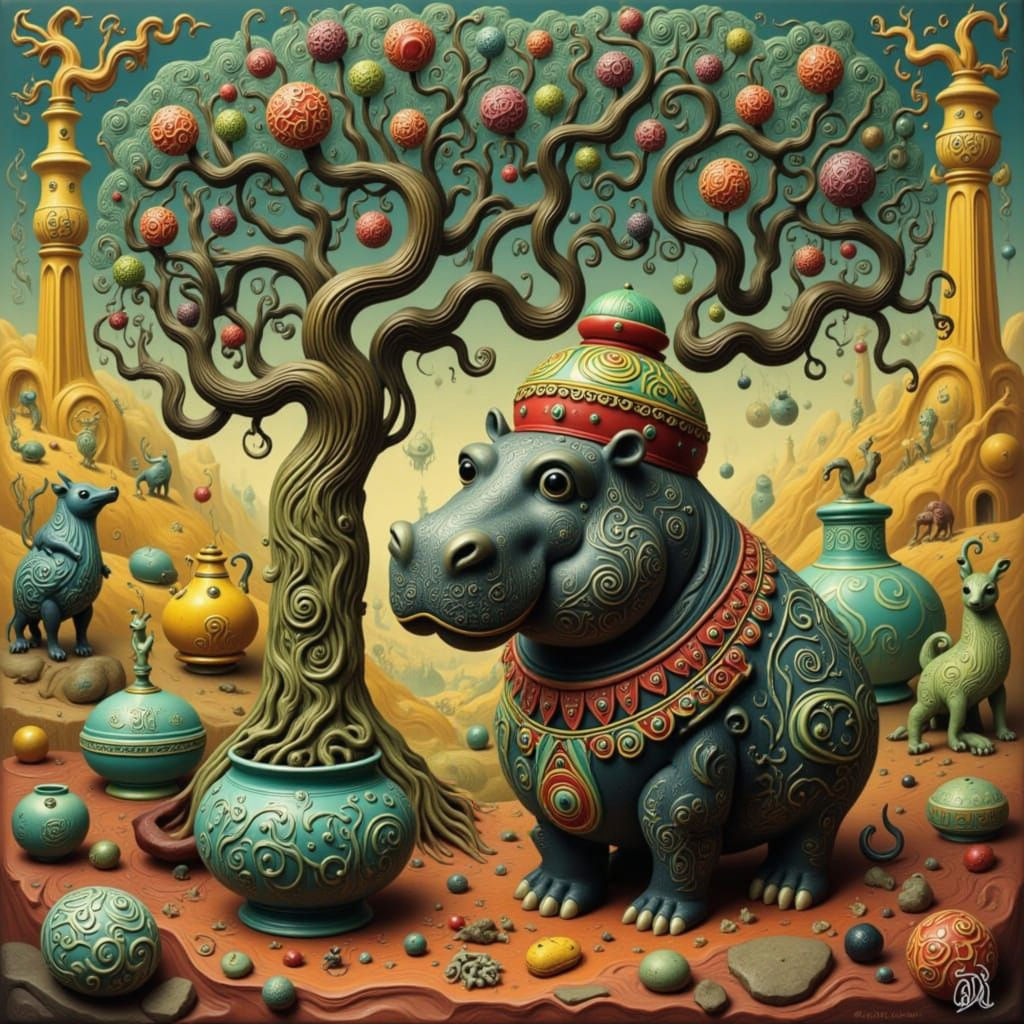 Hippo in Arabian Palace with Berry Tree