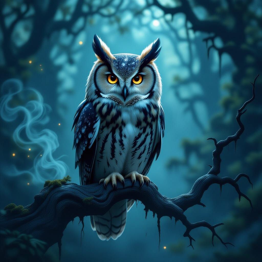 Ancient Owl with Galaxy Eyes in Enchanted Forest