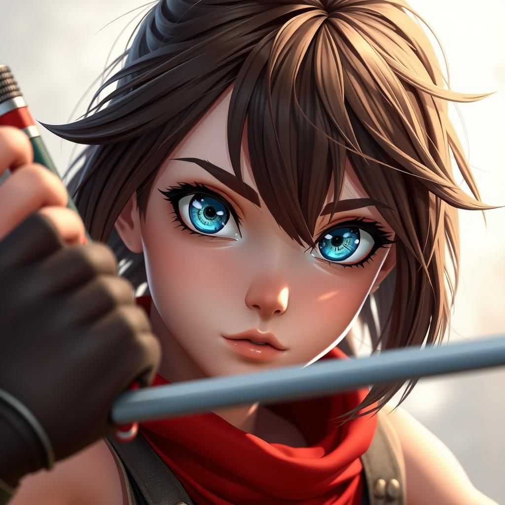 Anime Ninja Girl with Vibrant Blue Eyes and Unruly Brown Hai...
