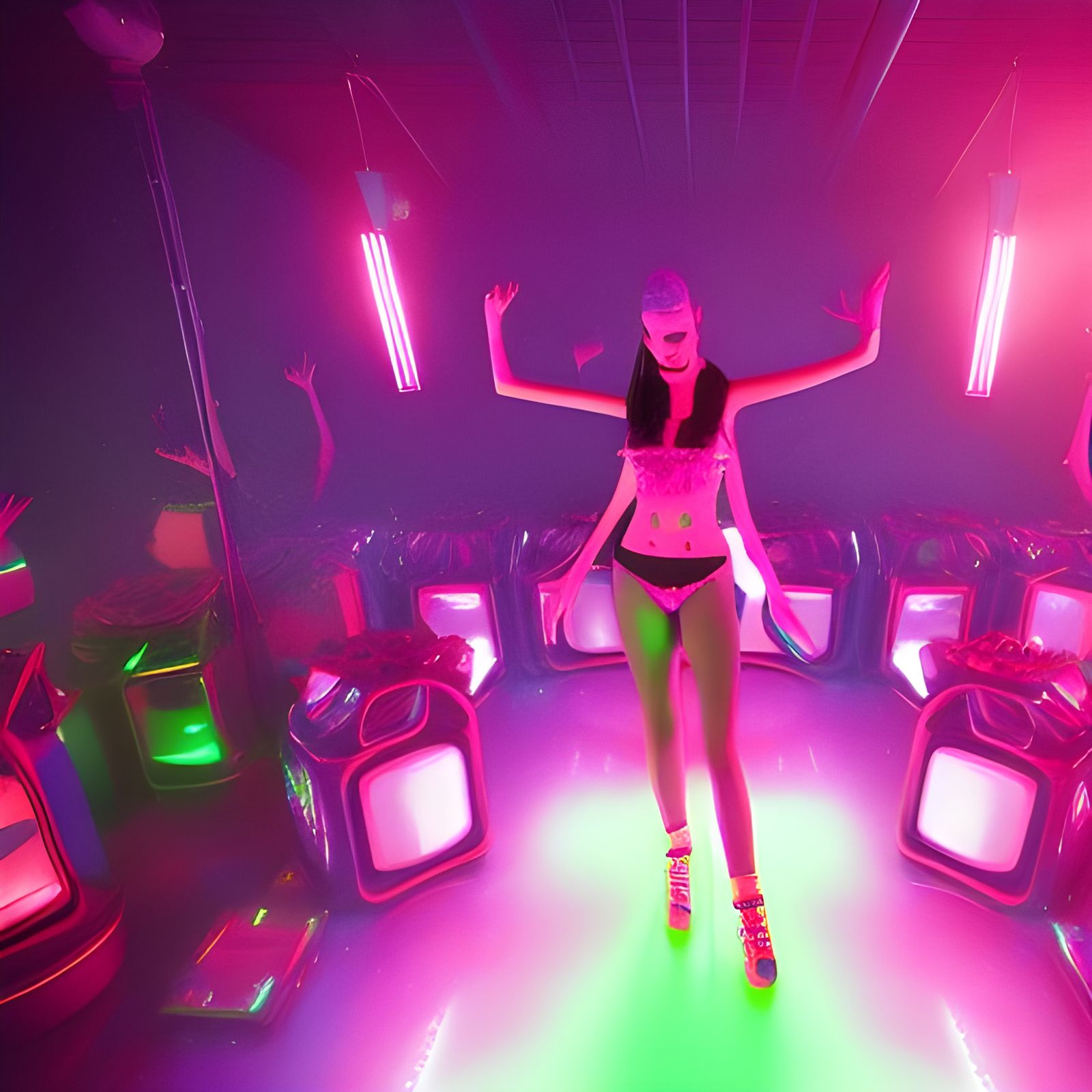 Cute Raver Girl in Vibrant Techno Disco Scene