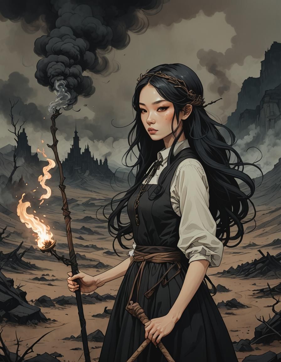 Dark Young Witch Holds Staff Amidst Apocalyptic Wasteland