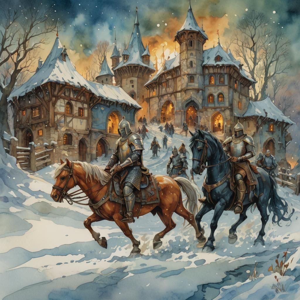 Whimsical Knights in Snowy Medieval Village Watercolor