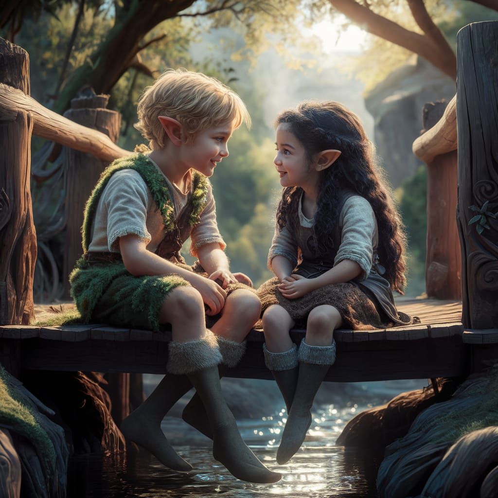 Charming Young Elves Share Laughter on a Wooden Bridge